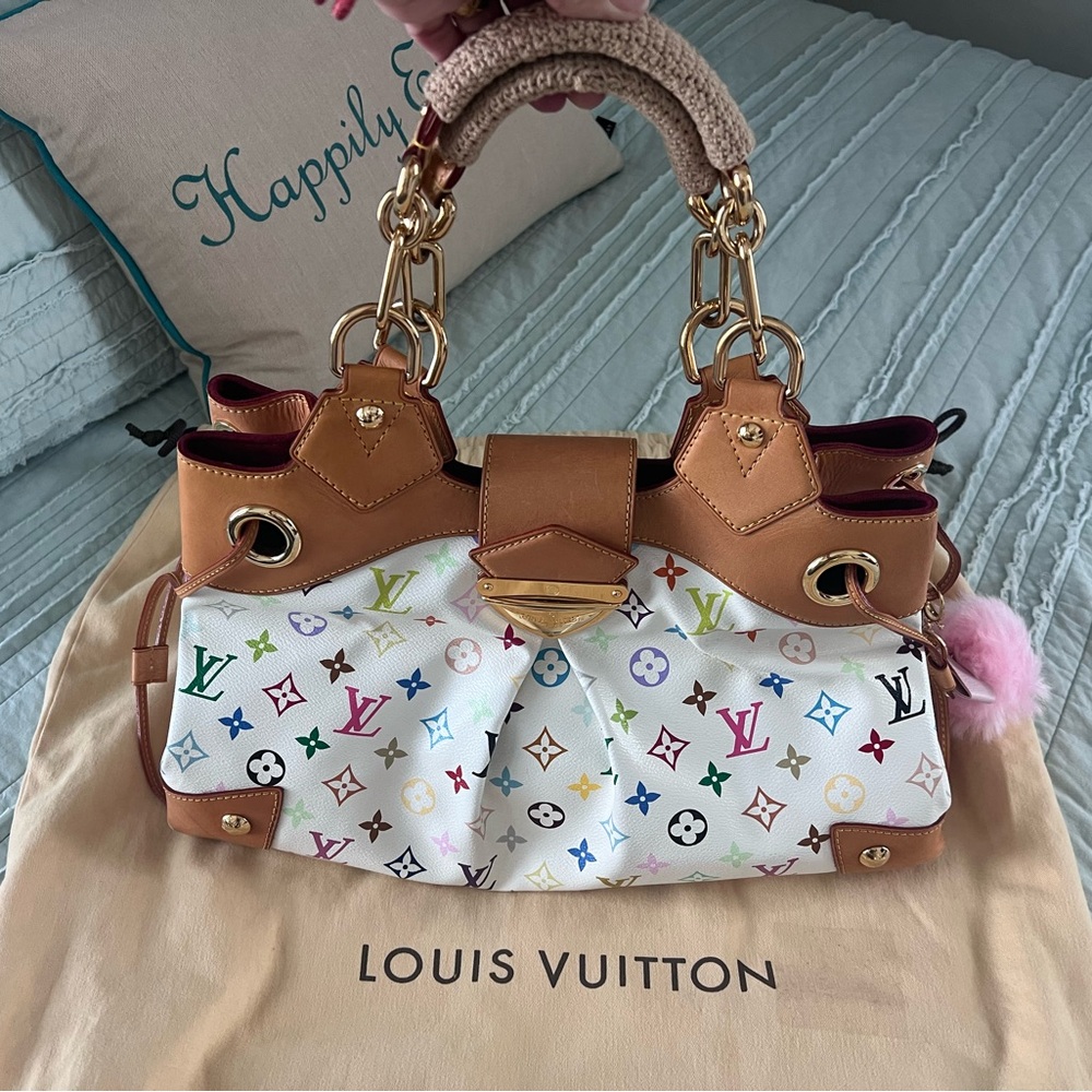 Louis Vuitton White Multicolor Monogram Canvas Shoulder Bag with Tan Trim - Picture 14 of 16